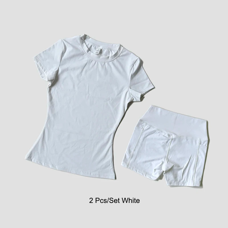 Women’s Seamless Yoga Set – Short Sleeve Crop Top & High-Waist Gym Shorts