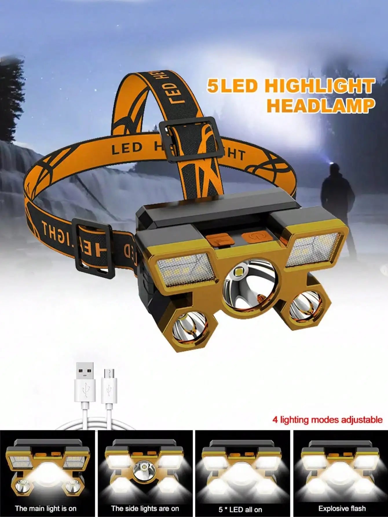 Rechargeable 5-LED Headlamp – USB Outdoor Camping & Cycling Light