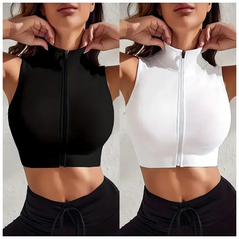 Women’s 2-Piece Yoga Set – Breathable Zipper Fitness Vest & Shorts
