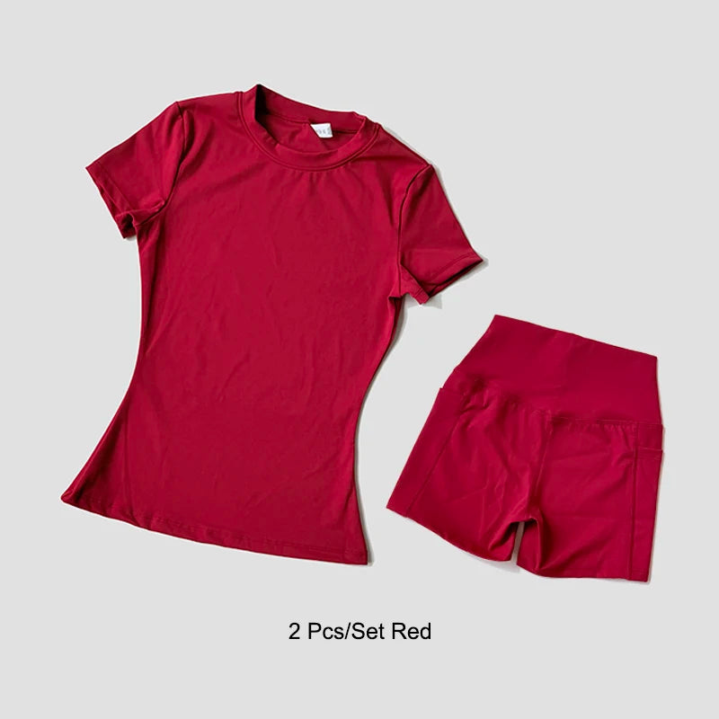 Women’s Seamless Yoga Set – Short Sleeve Crop Top & High-Waist Gym Shorts