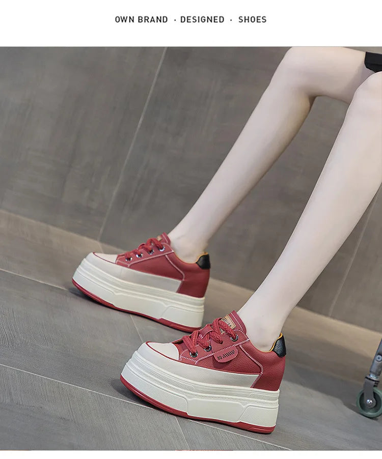 9cm Platform Leather Sneakers – Women’s Casual Vulcanized Shoes