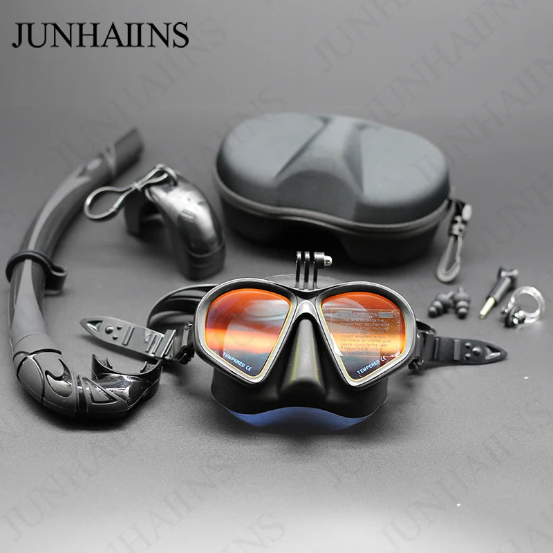 Low Volume Diving Mask with GoPro Mount – Tempered Glass Snorkel Set (Black)