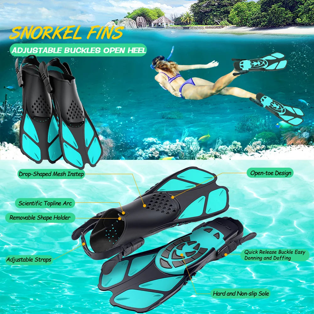 Adjustable Short Snorkel Fins – Open Heel Diving Flippers for Adults