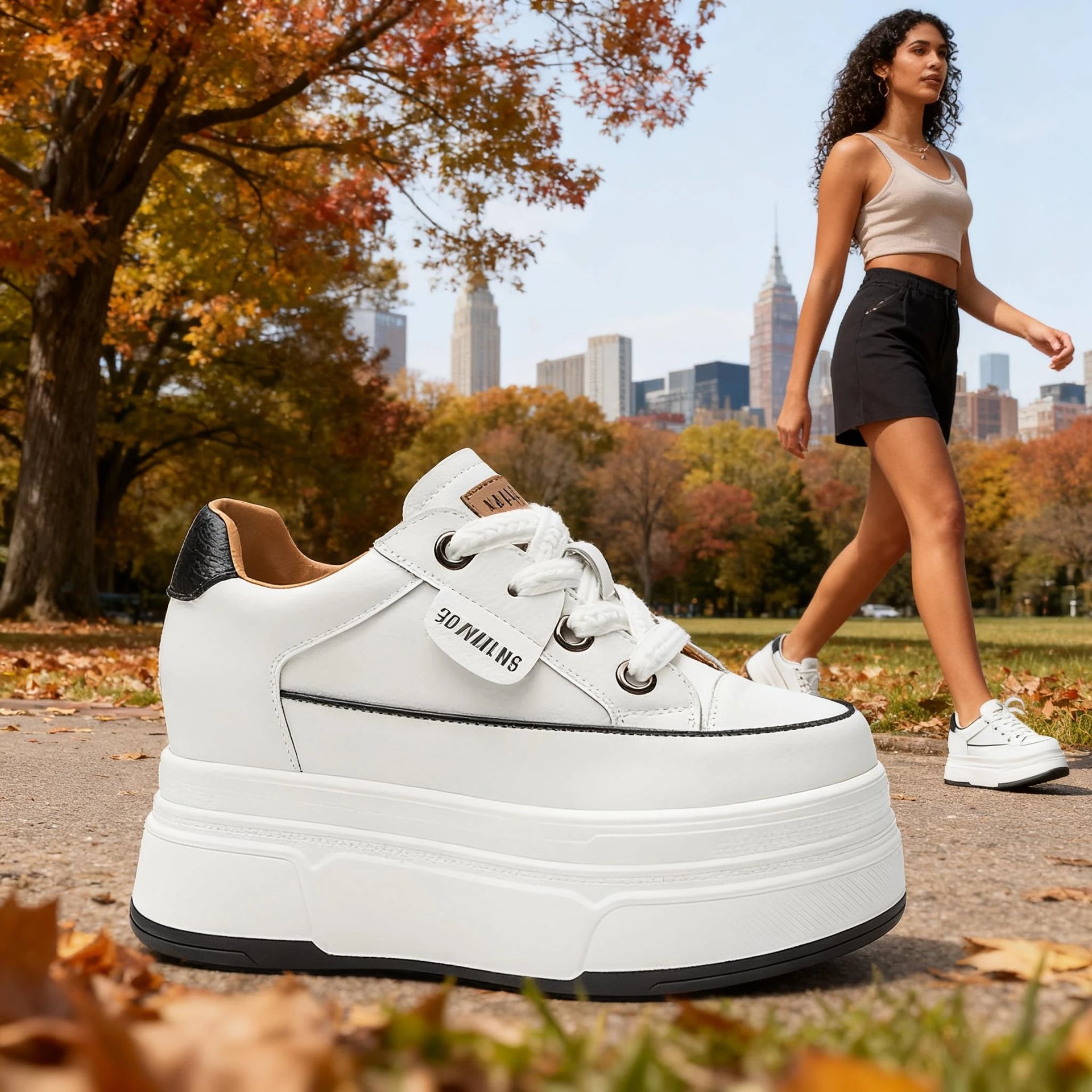 9cm Platform Leather Sneakers – Women’s Casual Vulcanized Shoes