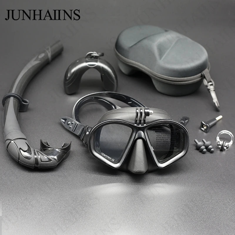 Low Volume Diving Mask with GoPro Mount – Tempered Glass Snorkel Set (Black)