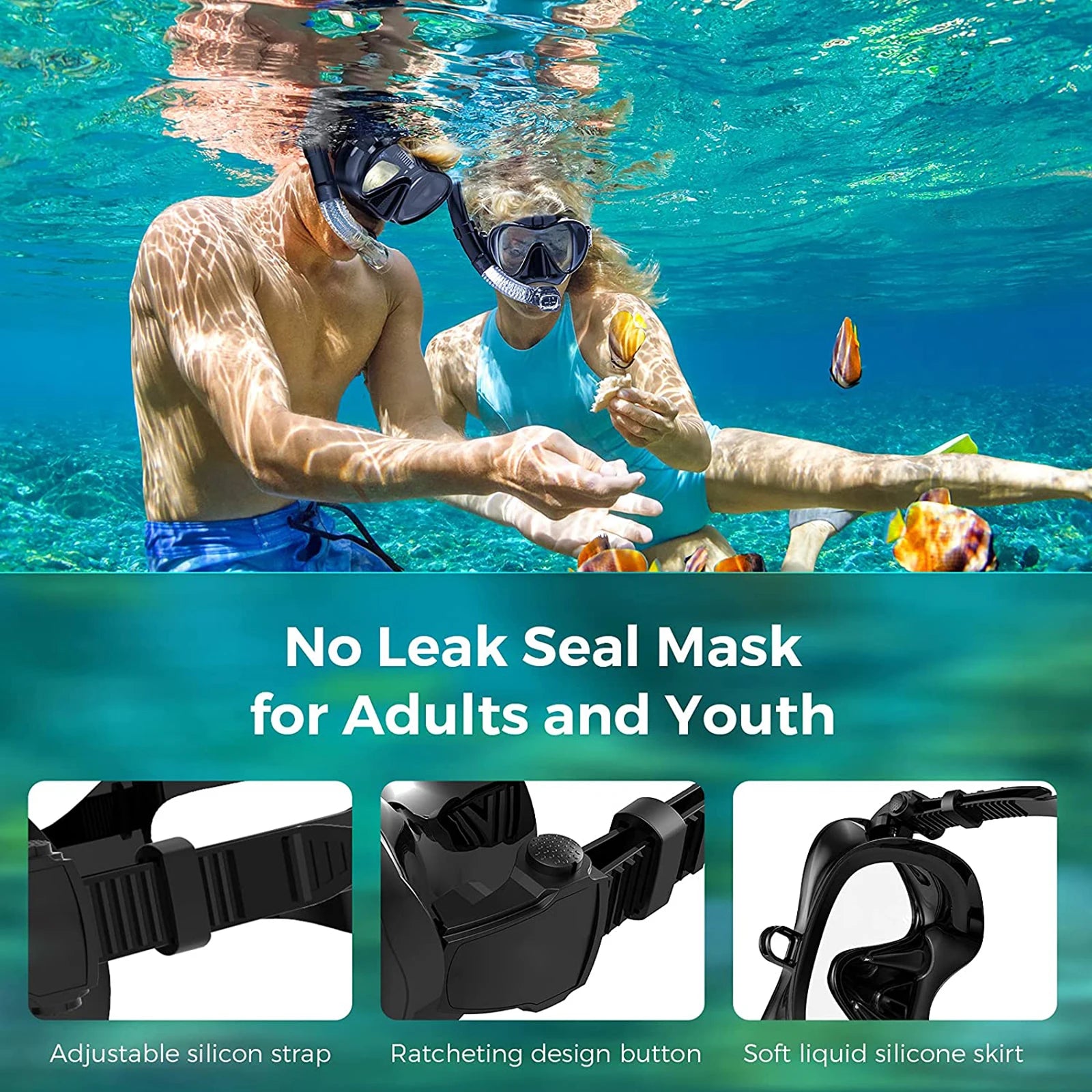 Low Volume Diving Mask with GoPro Mount – Tempered Glass Snorkel Set (Black)