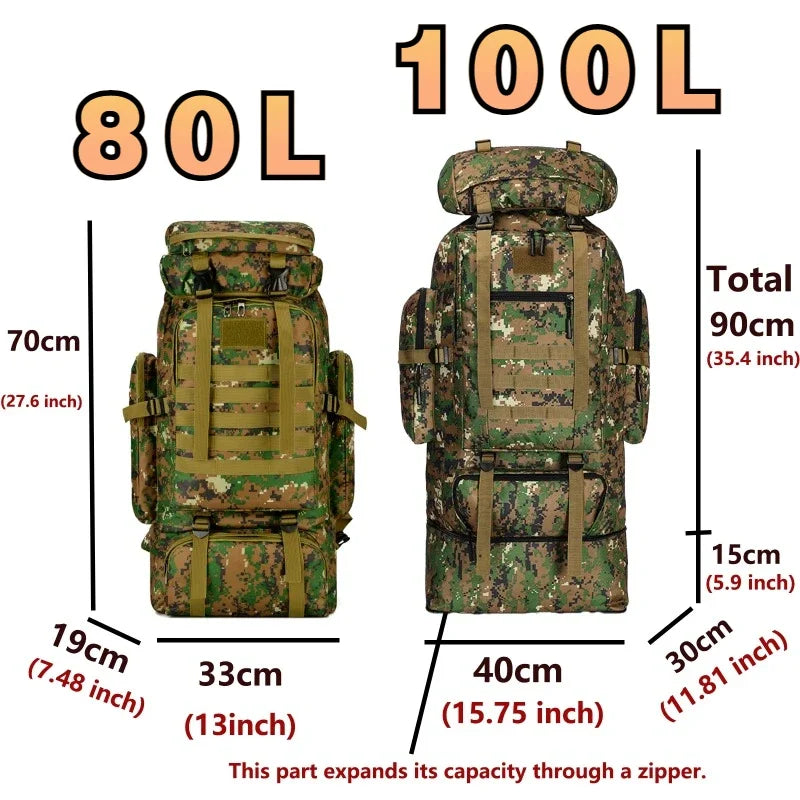 80L/100L Tactical Mountaineering Backpack – Large Outdoor Hiking & Camping Bag