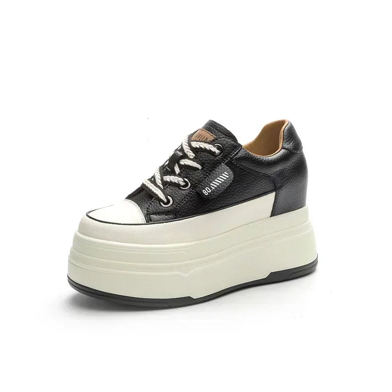 9cm Platform Leather Sneakers – Women’s Casual Vulcanized Shoes