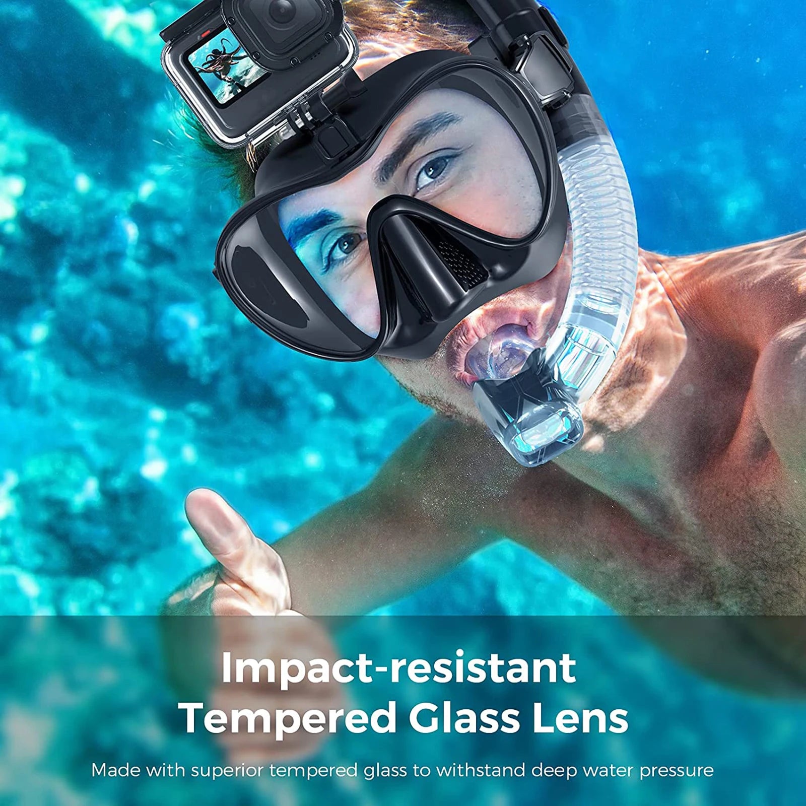 Low Volume Diving Mask with GoPro Mount – Tempered Glass Snorkel Set (Black)