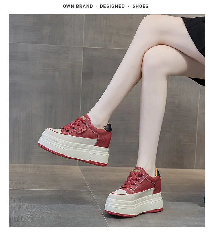 9cm Platform Leather Sneakers – Women’s Casual Vulcanized Shoes