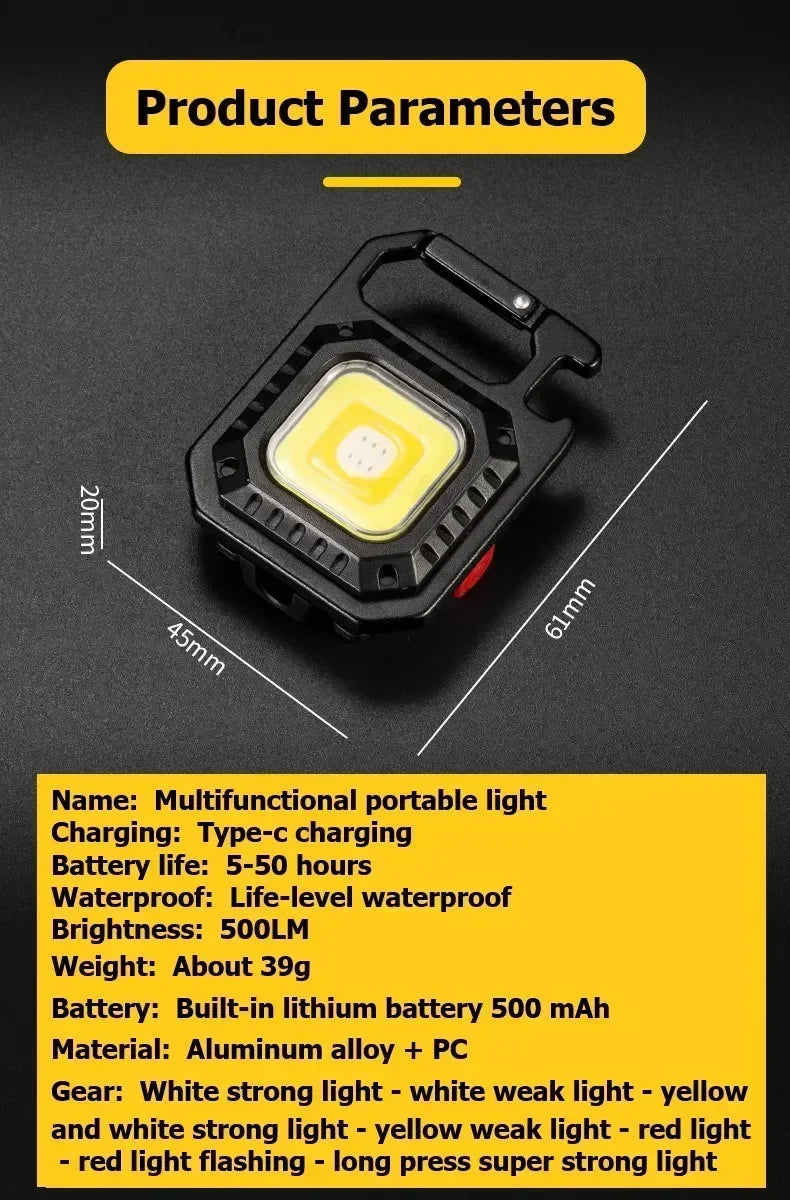 Portable COB LED Keychain Flashlight – USB Rechargeable Mini Aluminum Work Light