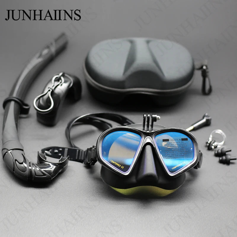 Low Volume Diving Mask with GoPro Mount – Tempered Glass Snorkel Set (Black)
