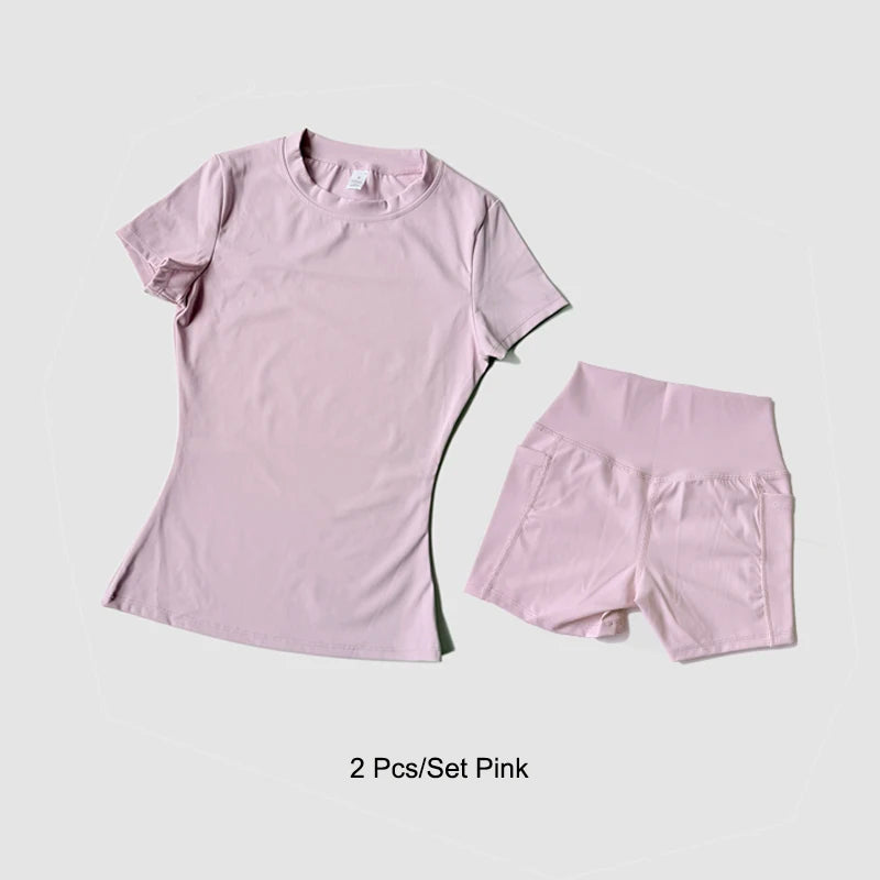 Women’s Seamless Yoga Set – Short Sleeve Crop Top & High-Waist Gym Shorts