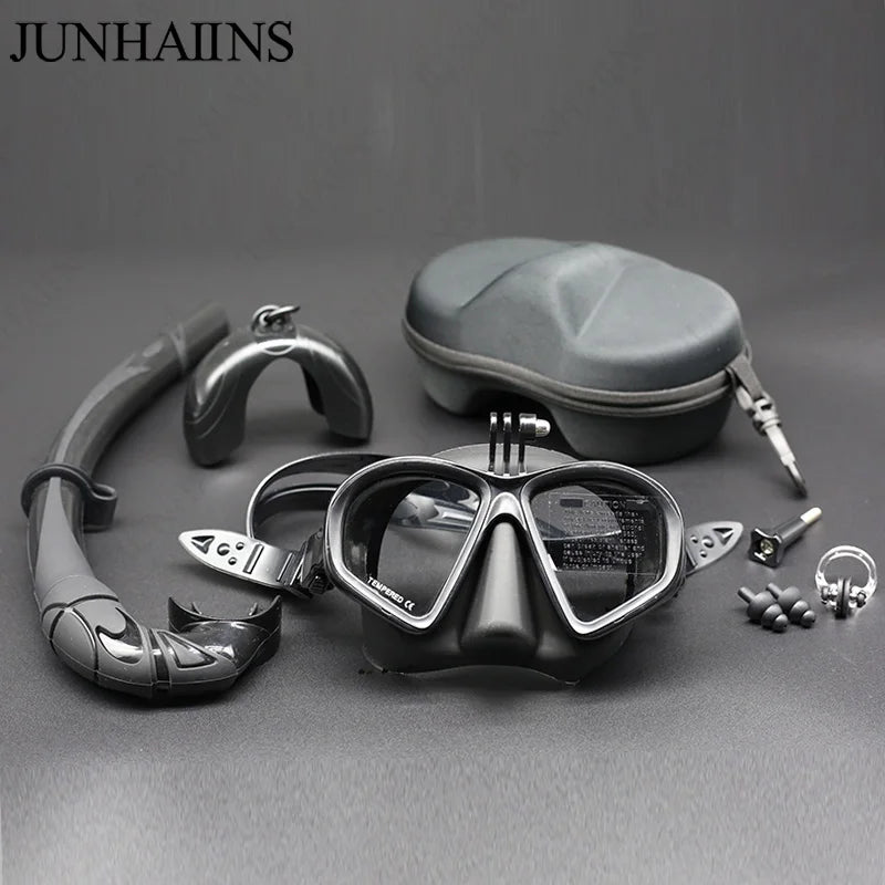 Low Volume Diving Mask with GoPro Mount – Tempered Glass Snorkel Set (Black)