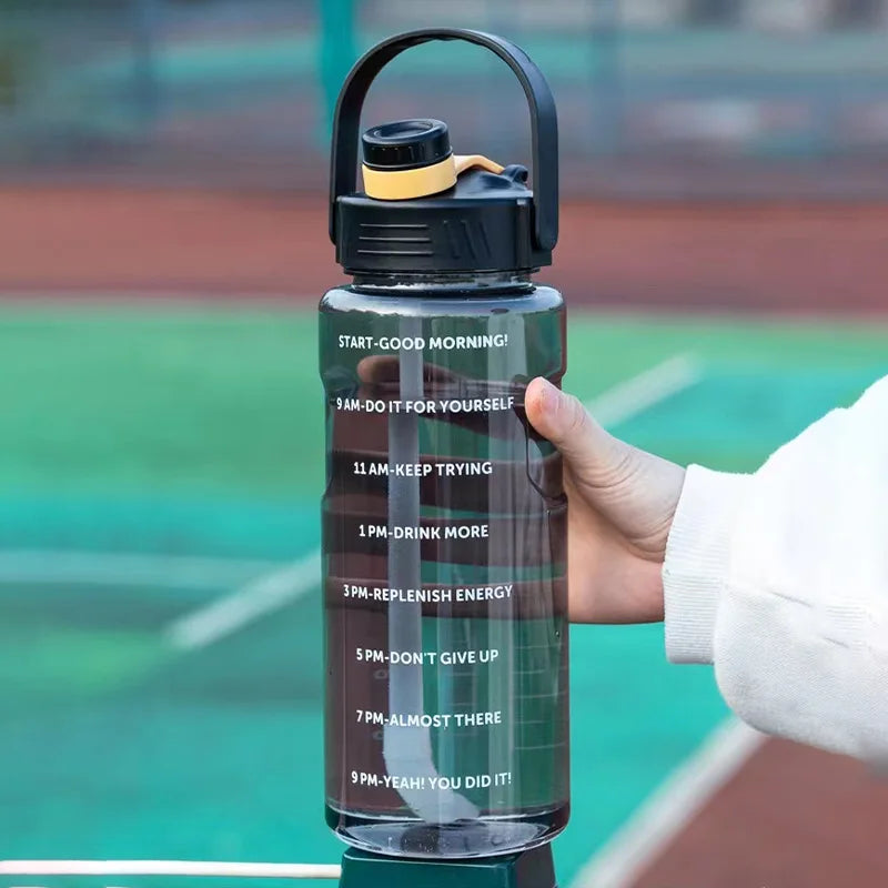 USQI Large Capacity Sports Water Bottle – Leak-Proof with Straw & Time Marker