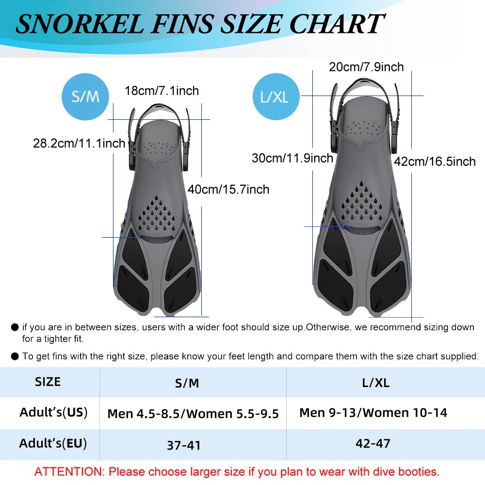 Adjustable Short Snorkel Fins – Open Heel Diving Flippers for Adults