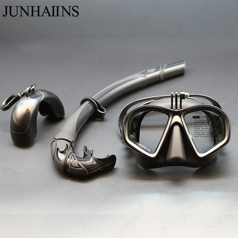 Low Volume Diving Mask with GoPro Mount – Tempered Glass Snorkel Set (Black)