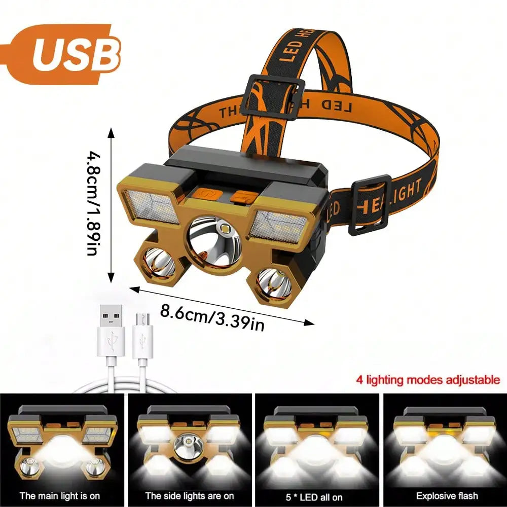 Rechargeable 5-LED Headlamp – USB Outdoor Camping & Cycling Light