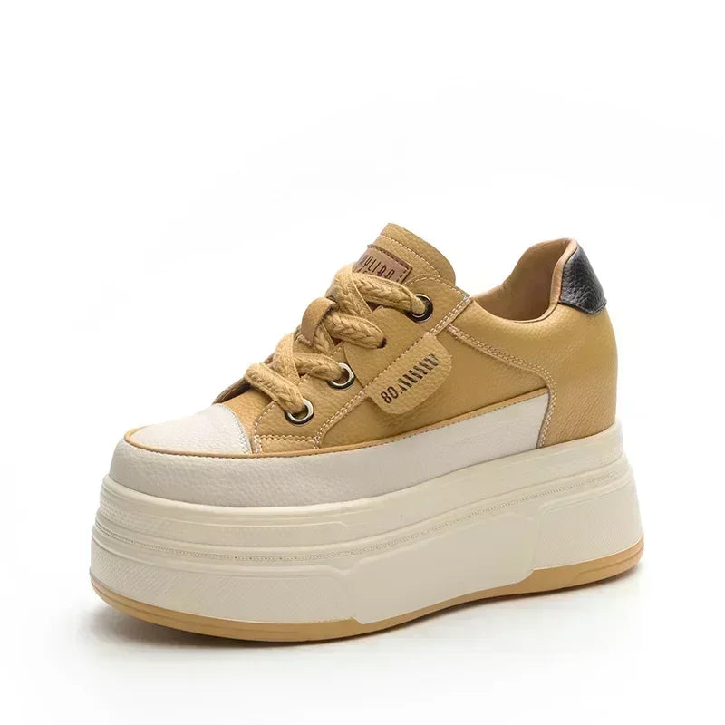 9cm Platform Leather Sneakers – Women’s Casual Vulcanized Shoes