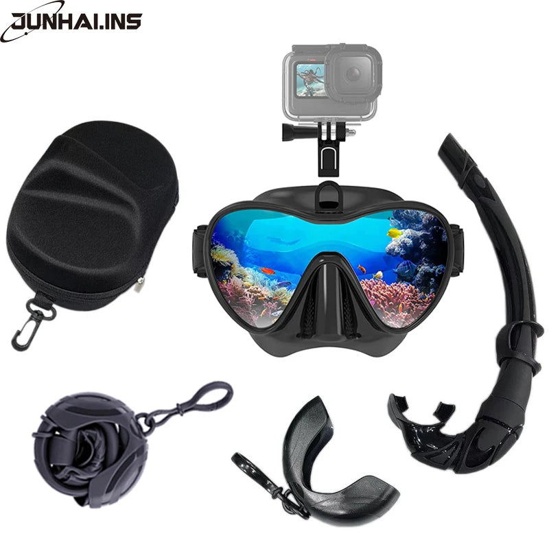 Low Volume Diving Mask with GoPro Mount – Tempered Glass Snorkel Set (Black)