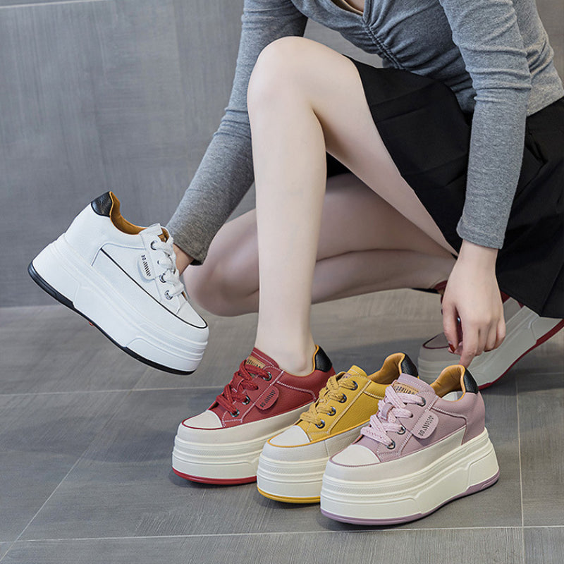 9cm Platform Leather Sneakers – Women’s Casual Vulcanized Shoes