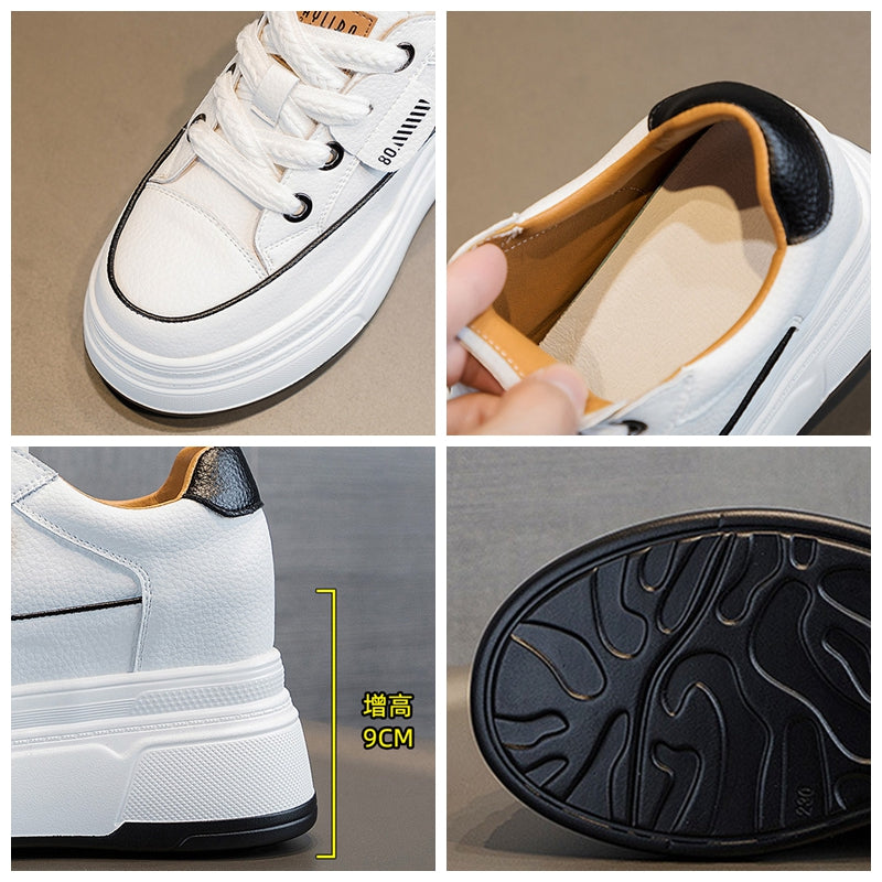 9cm Platform Leather Sneakers – Women’s Casual Vulcanized Shoes