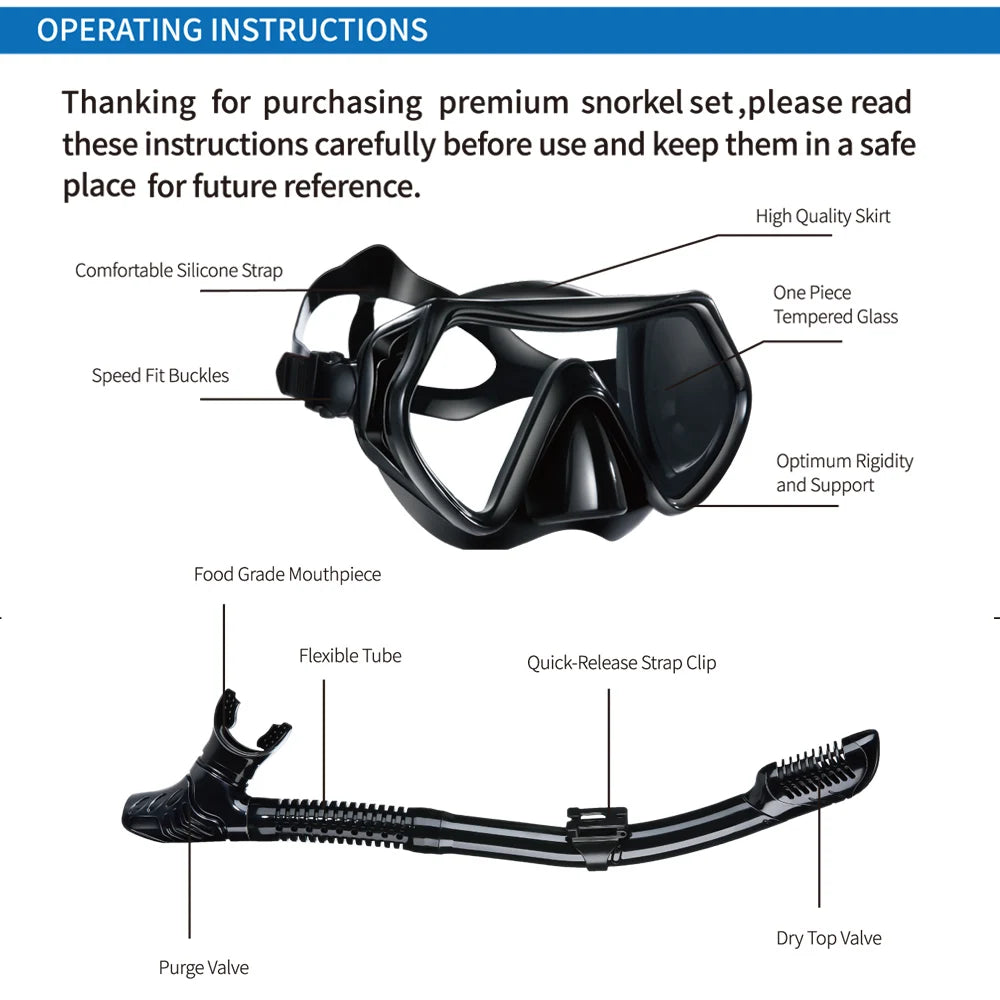 Dry Snorkel Set with Panoramic Mask – Professional Diving Gear for Adults