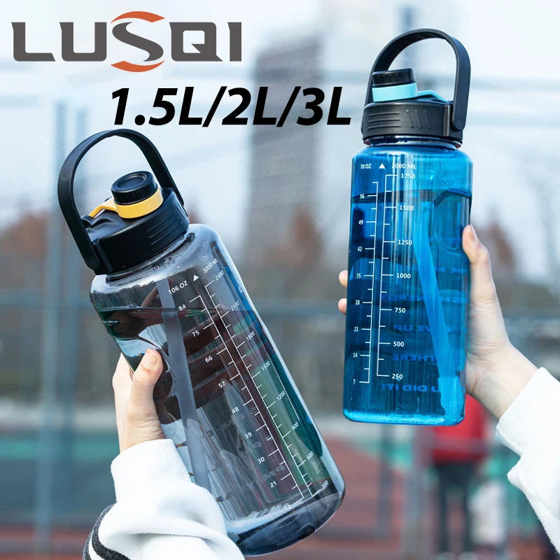 USQI Large Capacity Sports Water Bottle – Leak-Proof with Straw & Time Marker