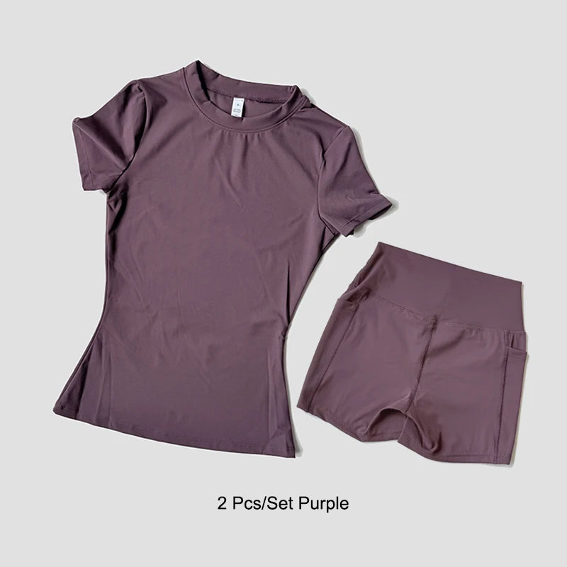 Women’s Seamless Yoga Set – Short Sleeve Crop Top & High-Waist Gym Shorts