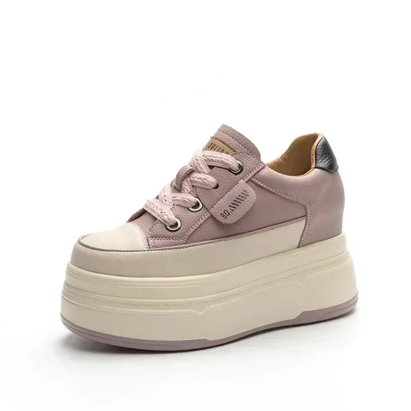 9cm Platform Leather Sneakers – Women’s Casual Vulcanized Shoes