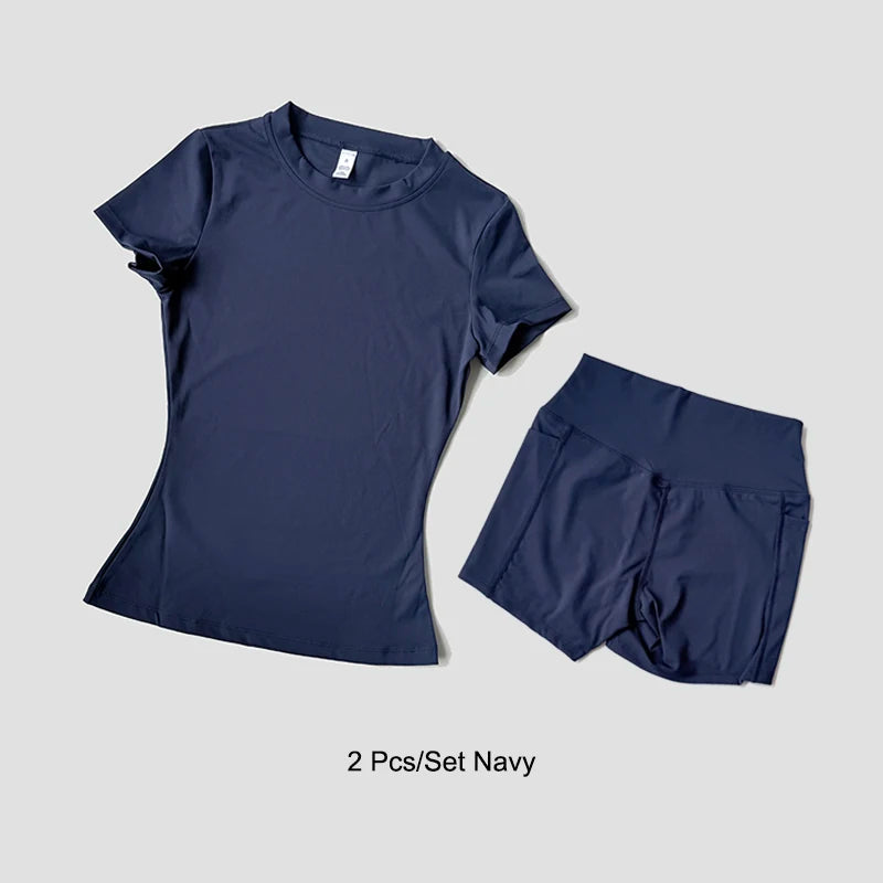 Women’s Seamless Yoga Set – Short Sleeve Crop Top & High-Waist Gym Shorts