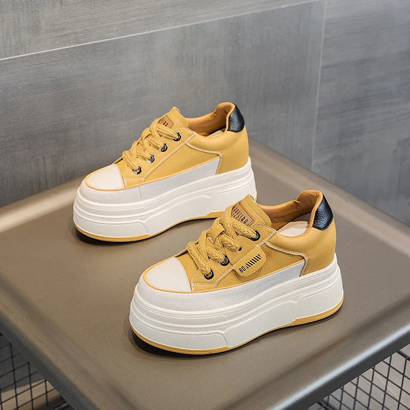9cm Platform Leather Sneakers – Women’s Casual Vulcanized Shoes