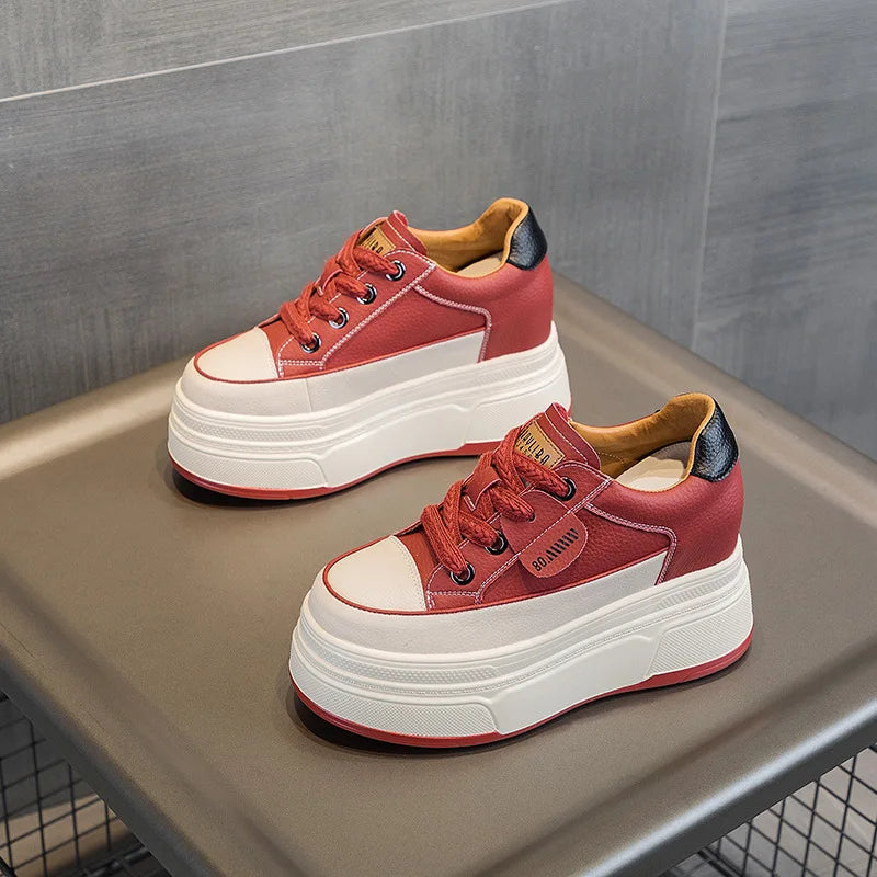 9cm Platform Leather Sneakers – Women’s Casual Vulcanized Shoes