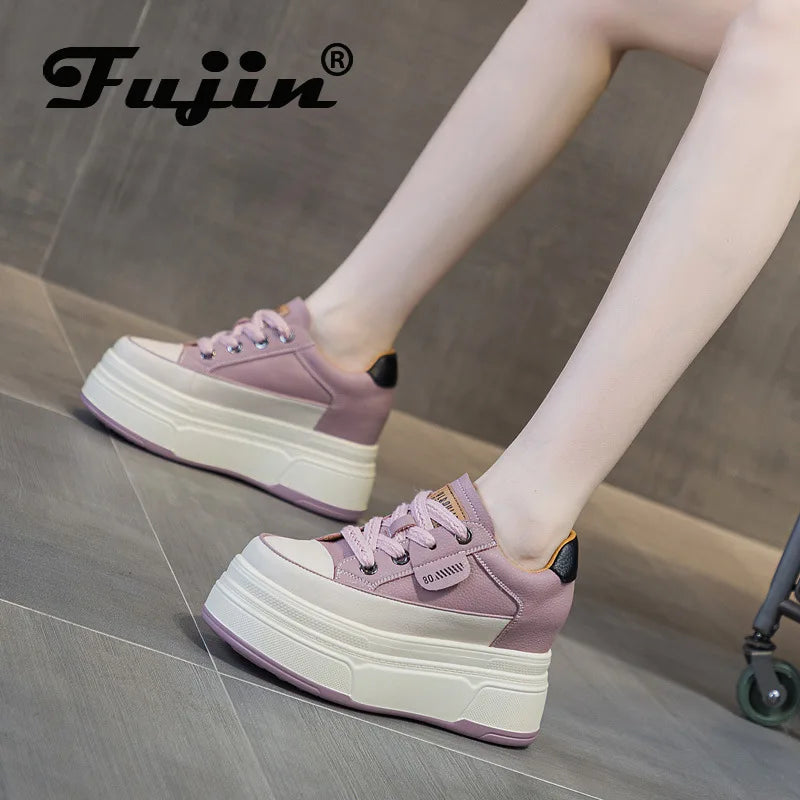 9cm Platform Leather Sneakers – Women’s Casual Vulcanized Shoes