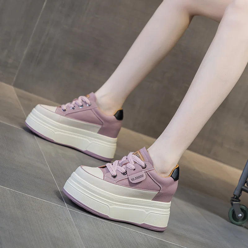 9cm Platform Leather Sneakers – Women’s Casual Vulcanized Shoes