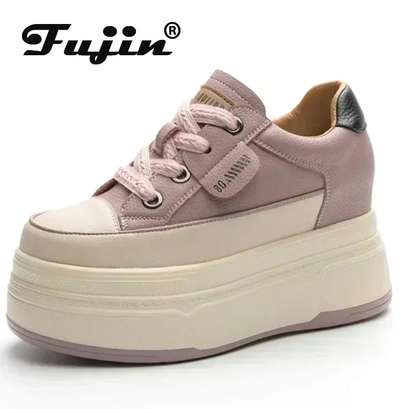 9cm Platform Leather Sneakers – Women’s Casual Vulcanized Shoes