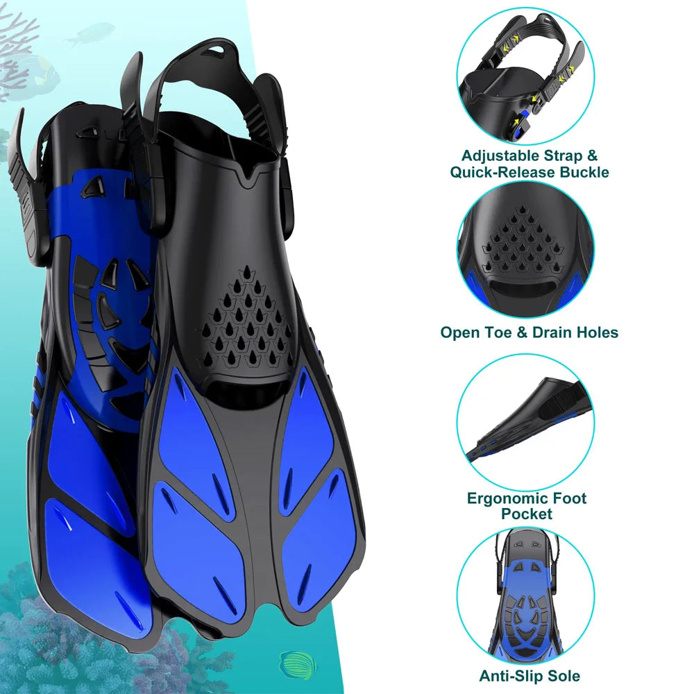 Adjustable Short Snorkel Fins – Open Heel Diving Flippers for Adults