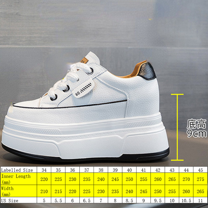 9cm Platform Leather Sneakers – Women’s Casual Vulcanized Shoes