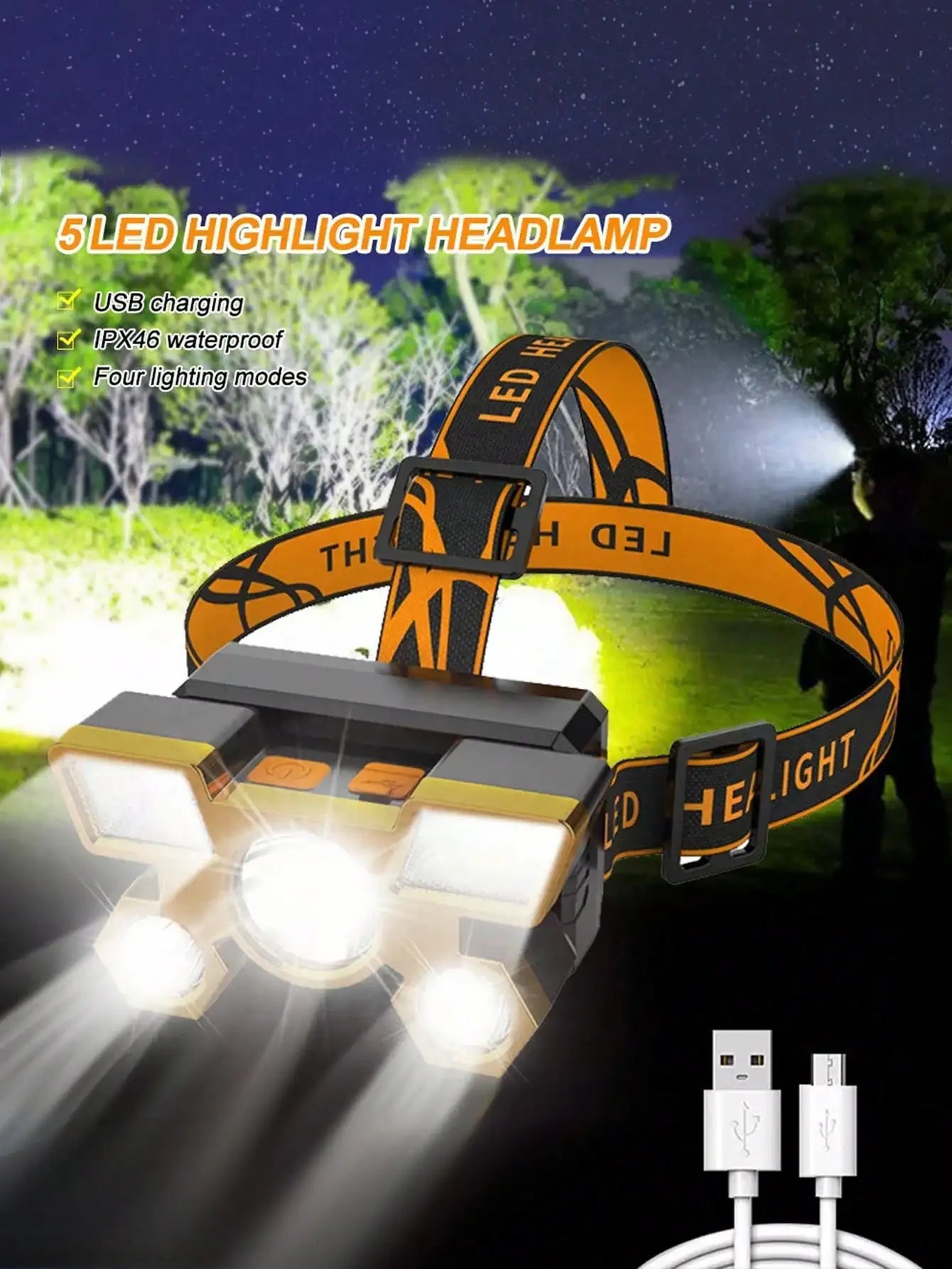 Rechargeable 5-LED Headlamp – USB Outdoor Camping & Cycling Light
